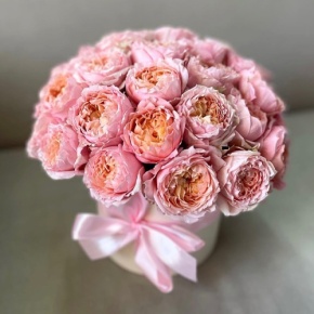 Композиция в шляпной коробке из кустовой пионовидной розы Джульетта в Орехово-Зуево