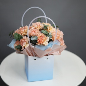 Стильная композиция в сумочке из диантусов и эвкалипта в Орехово-Зуево