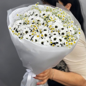 Букет "Понарошку" из хризантем сантини и ромашек в Орехово-Зуево