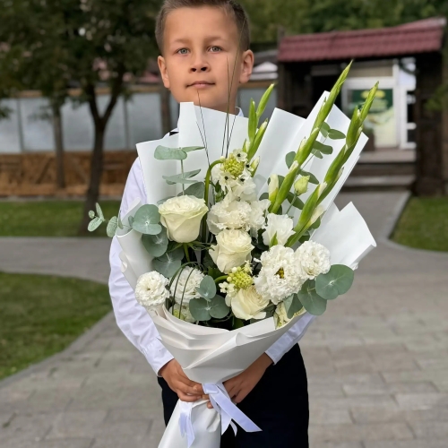 Букет на 1 сентября с гладиолусами, розами, эустомой и орнитогалумом в Орехово-Зуево